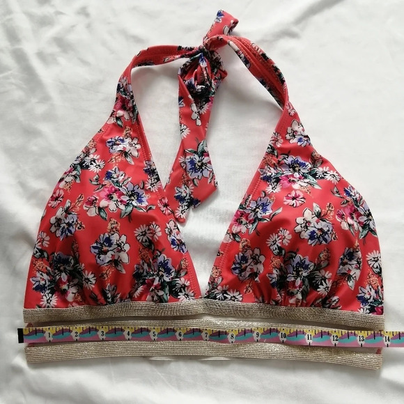 Nicole Miller Coral Pink Floral  Halter Bikini Top with Mesh Metallic Band Large - Picture 11 of 16